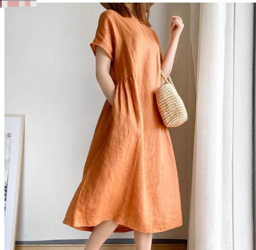 Womens Cotton Linen Retro Casual Summer Tunic Shirt Kaftan Pockets Midi Dress - Bild 6 von 11