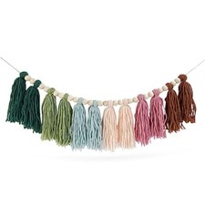Rainbow Boho Tassel Garland with Wood Beads Colorful Wall Hanging Garland