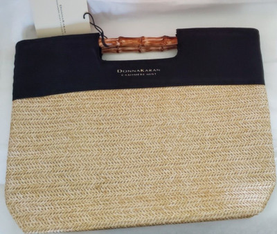NEW Donna Karan Cashmere Mist WOVEN STRAW TOTE HAND BAG PURSE W/ BAMBOO HANDLES
