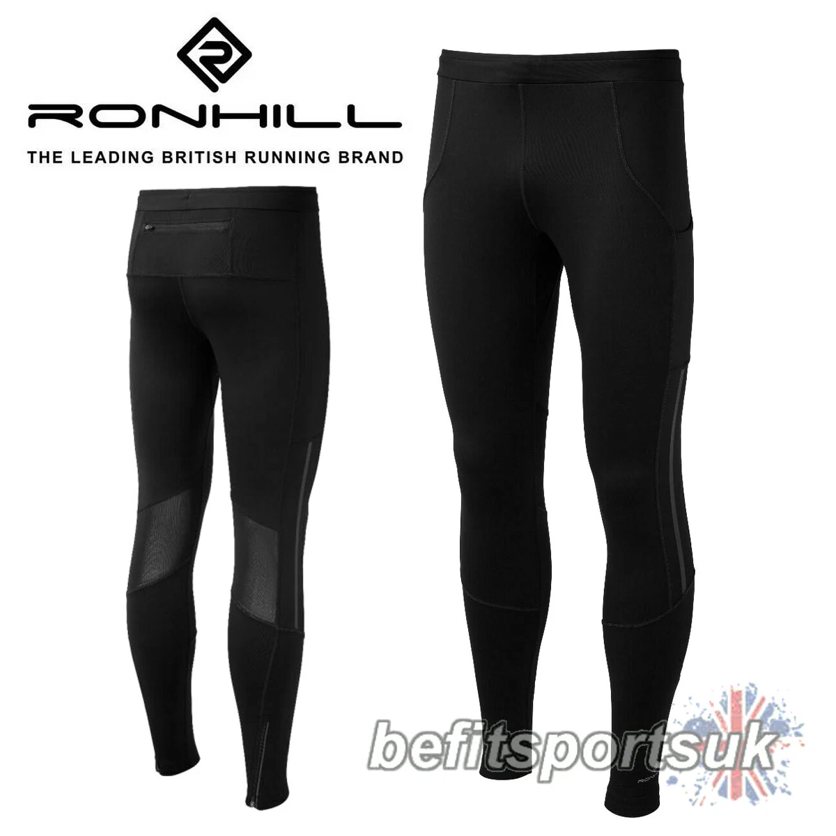 RONHILL MENS RUNNING TIGHTS STRETCH ZIP POCKET LONG PANTS LEGGINGS STRIDE  BLACK