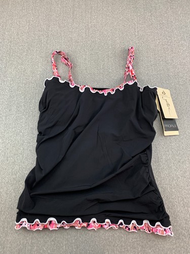Gottex Profile Pretty Wild Ruffle Tankini Swimsuit Top Womens 40D Black Pink