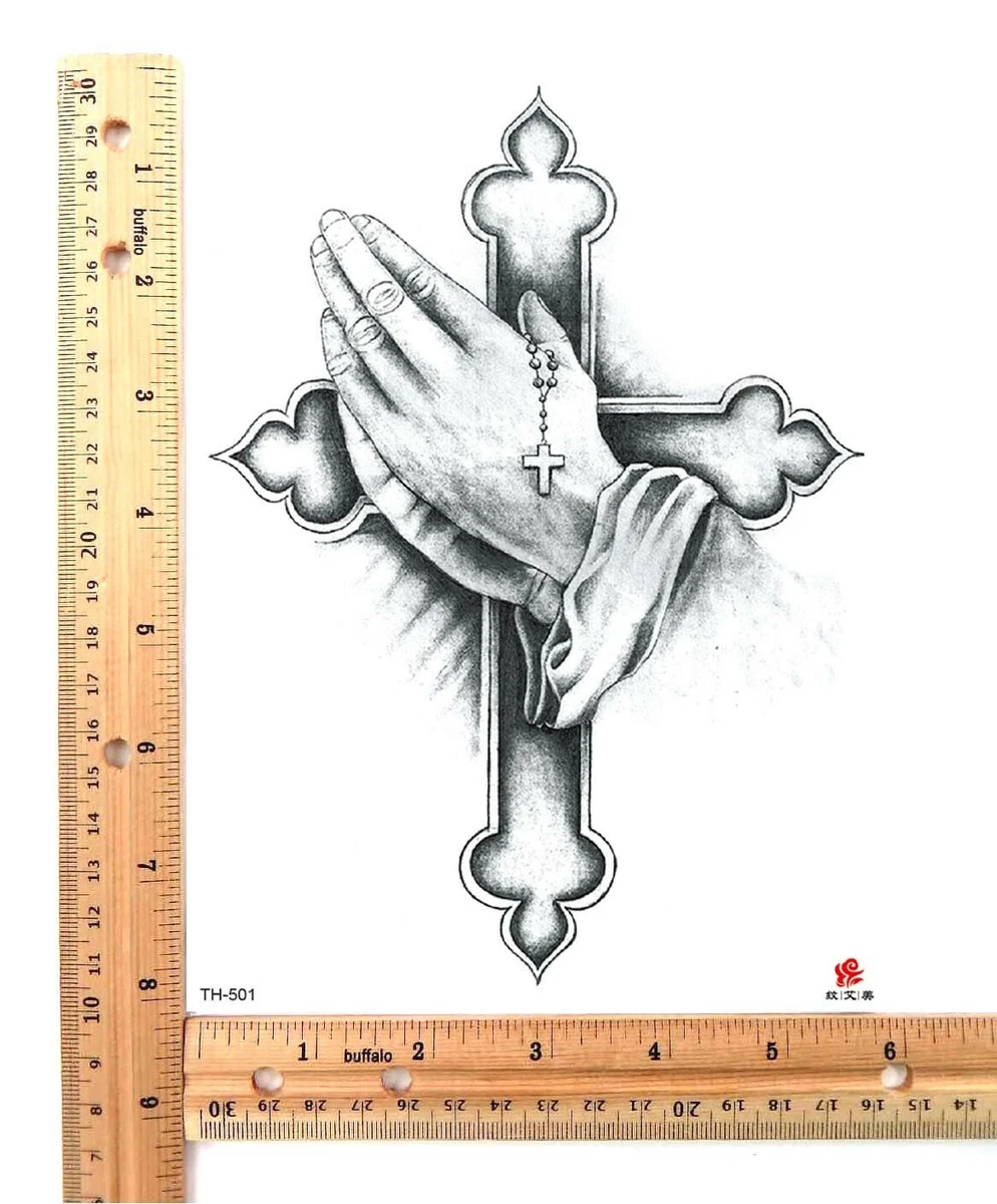 Praying Hands With Cross And Rosary Tattoo