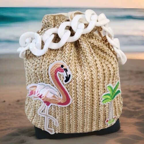 Flamingo Crochet Bag Palm Tree Drawstring Purse Natural Tan w White Handle Small - Picture 2 of 17