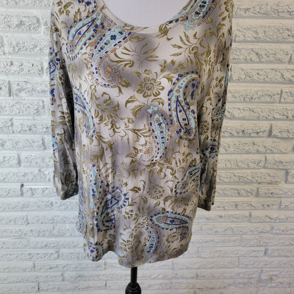 Caribbean Joe Womens Top Extra Large XL 3/4 Sleeve Blue Green Paisley Comfy - Image 4 of 4