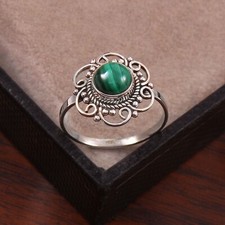 925 Sterling Silver Handmade Ring Green Malachite Gemstone Round Shape Ring