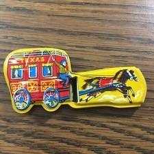 Vtg Japan Texas Stagecoach Wagon horses pressed Metal Whistle yellow