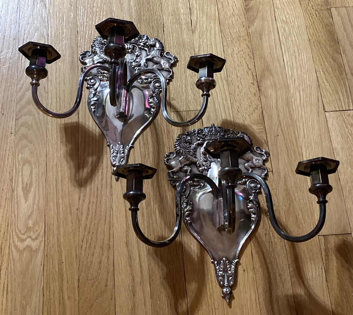PAIR OF STUNNING ANTIQUE ENGLISH SHEFFIELD 3 ARM SILVERPLATED WALL SCONCES