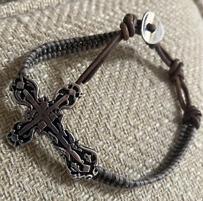 Chan Luu Sterling Cross Charm Leather Single Wrap Bracelet