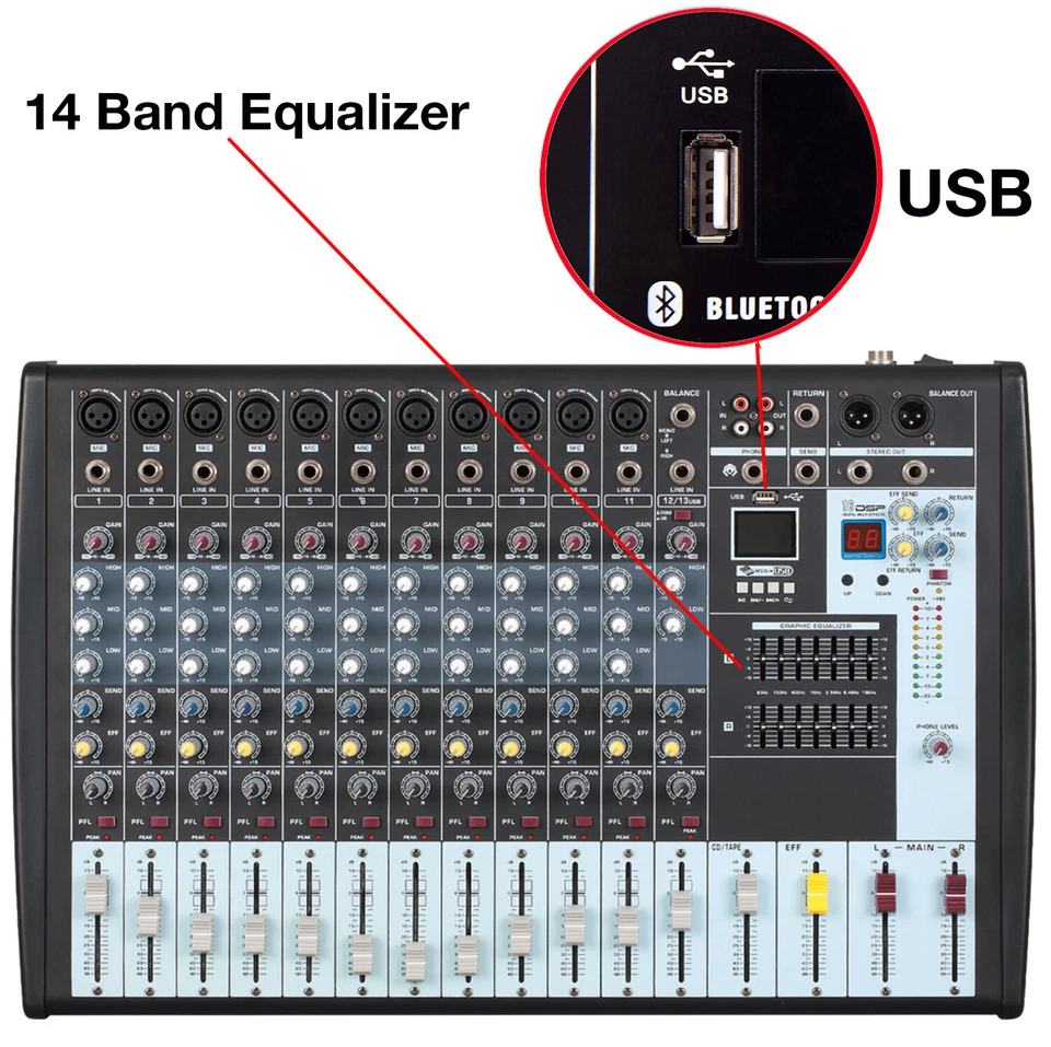 Professional 12 Channels Bluetooth Line Live Mixing Studio Audio Sound Mixer USB - Image 3 of 4