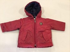 Timberland Deep Red Quilted Hooded Zip Up Coat Size 6/9M Logo Pockets EUC