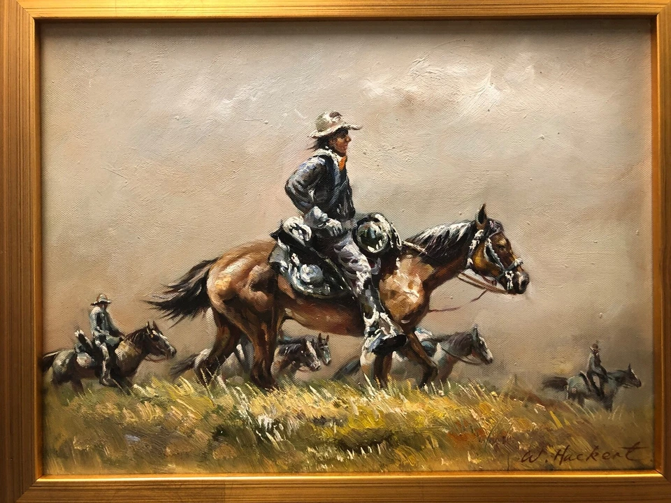 La caballería viene - Pintura al óleo pintada a mano, firmada y enmarcada  Foto 2 de 4