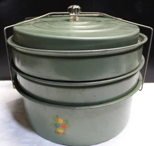 Vintage 1940s Green Metal Hand Painted Stacking Pie Cake Carrier