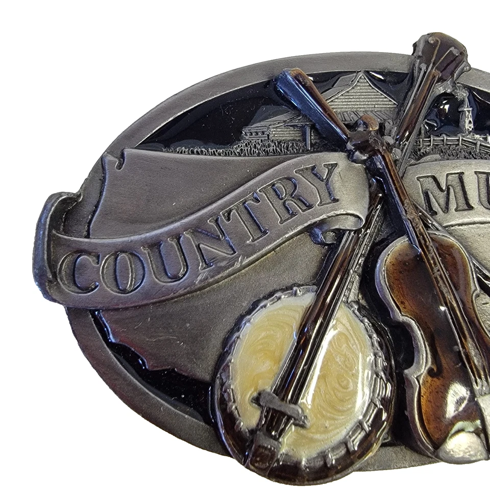 Hebilla de cinturón vintage 1984 música country peltre metal esmalte incrustado bonitos detalles Foto 4 de 4
