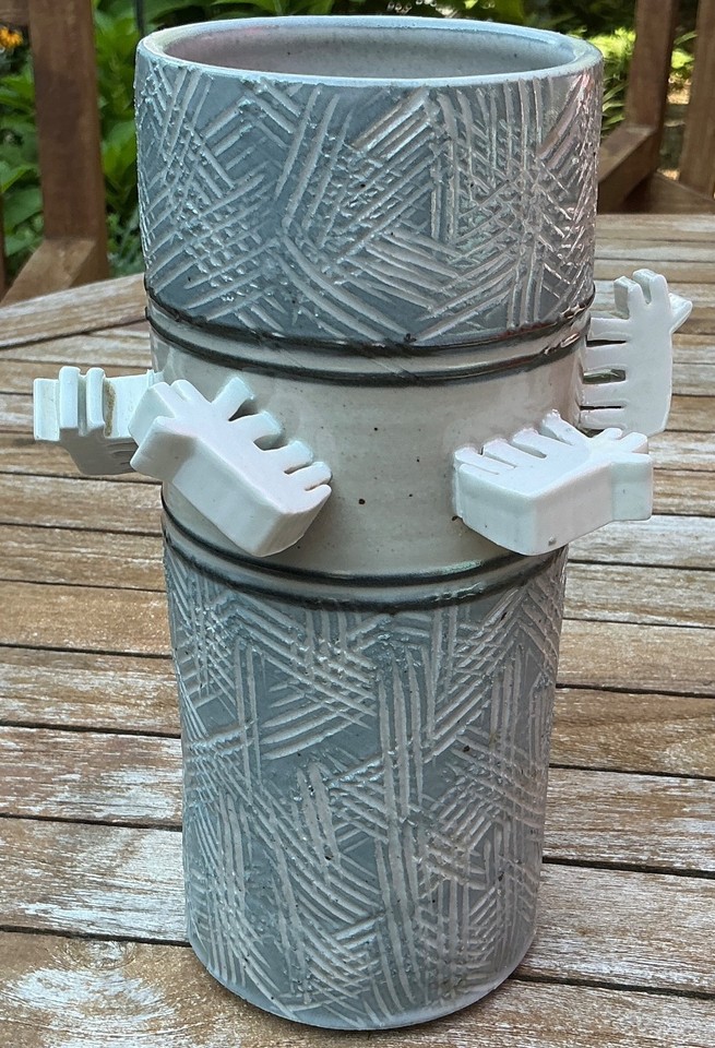 One Off Cunningham Studio Pottery Wolf Vase Grey White Artisan Signed Dated