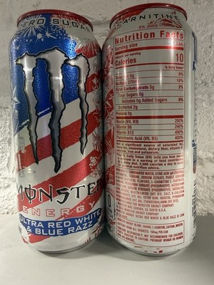 (2) NEW Monster Ultra Red, White & Blue Razz 16 Oz Sugar Free Limited Edition