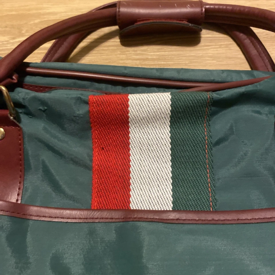 Vtg Green Travel Duffel Bag 22” Red, Green And White Stripe Brown Leather Handle - Image 2 of 4