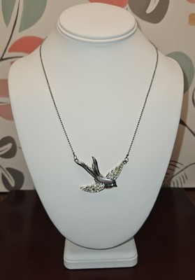 Silver Tone Swallow Bird w/ Clear Rhinestones Adjustable Chain Necklace 21''