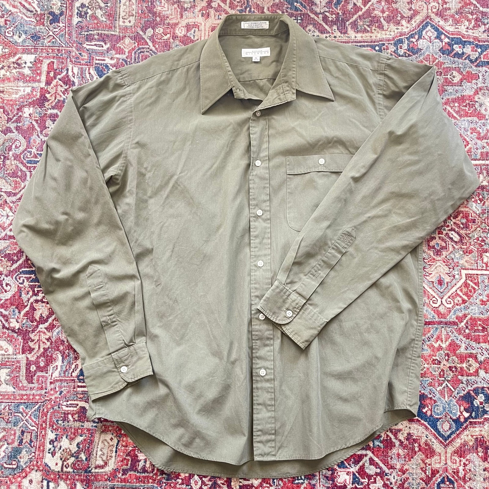 Vintage Monsieur by Givenchy Mens  Long Sleeve Button Dress Shirt, Olive Green