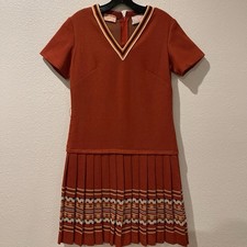 Vintage College Girl Women's M Rust Knit V-Neck Pleated Belted Dress Zip