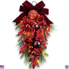 24" Teardrop Christmas Swag - Red Hydrangea, Baubles, Purple Bow, Pine Berries