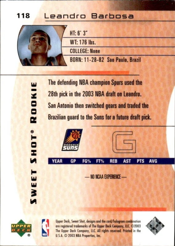 2003 UPPER DECK SWEET SHOT LEANDRO BARBOSA 118 MINT RC 781/999 PHOENIX SUNS - Image 2 of 2
