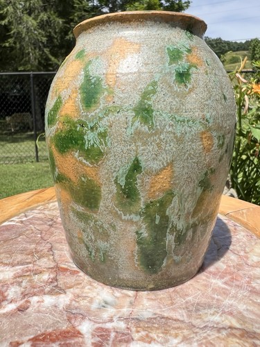 Vintage Green Slip Glaze Yellow Ware Pottery Jar Vase - Picture 6 of 21