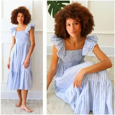 Tuckernuck Mille Olympia Smock Midi Dress Cottage Stripe Linen Ruffle Sundress L