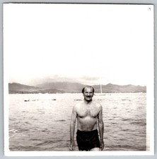 Vtg B&W Snapshot Man Mustache Shirtless Swim Trunks Beach Mountains Water 1950s