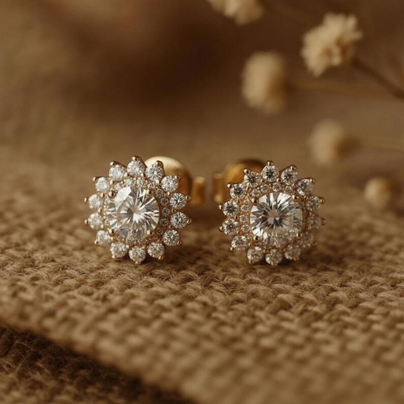 Pendientes de flor de moissanita, delicados pendientes de novia, brillantes p...