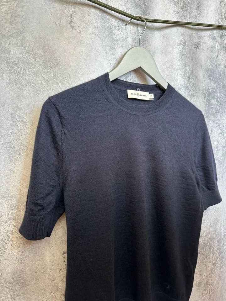 Haut pull manches courtes Tory Burch 100 % cachemire bleu marine femme taille L - Photo 4/4
