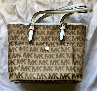 New Michel Kors MK Logo print Bag Brown Tote White Trim Gold