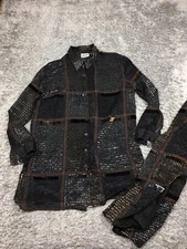 VTG Chicos Design Button Up Shirt Size 2 (Womens 12) Black Brown Sheer W/ Scarf