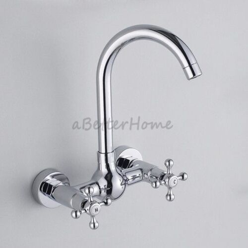 Chrome Kitchen Sink Faucet Dual Cross Handle Wall Mounted Swivel Spout Mixer Tap - Picture 1 of 4