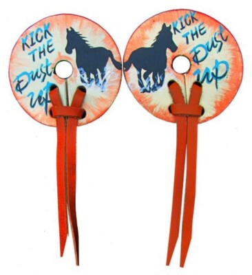 Hand painted LEATHER BIT GUARDS w/ RUNNING HORSE ''Kick The Dust Up'' wording 3''