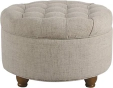 Homepop Home Decor Button Tufted Woven Round Storage Ottoman Large, Cream 