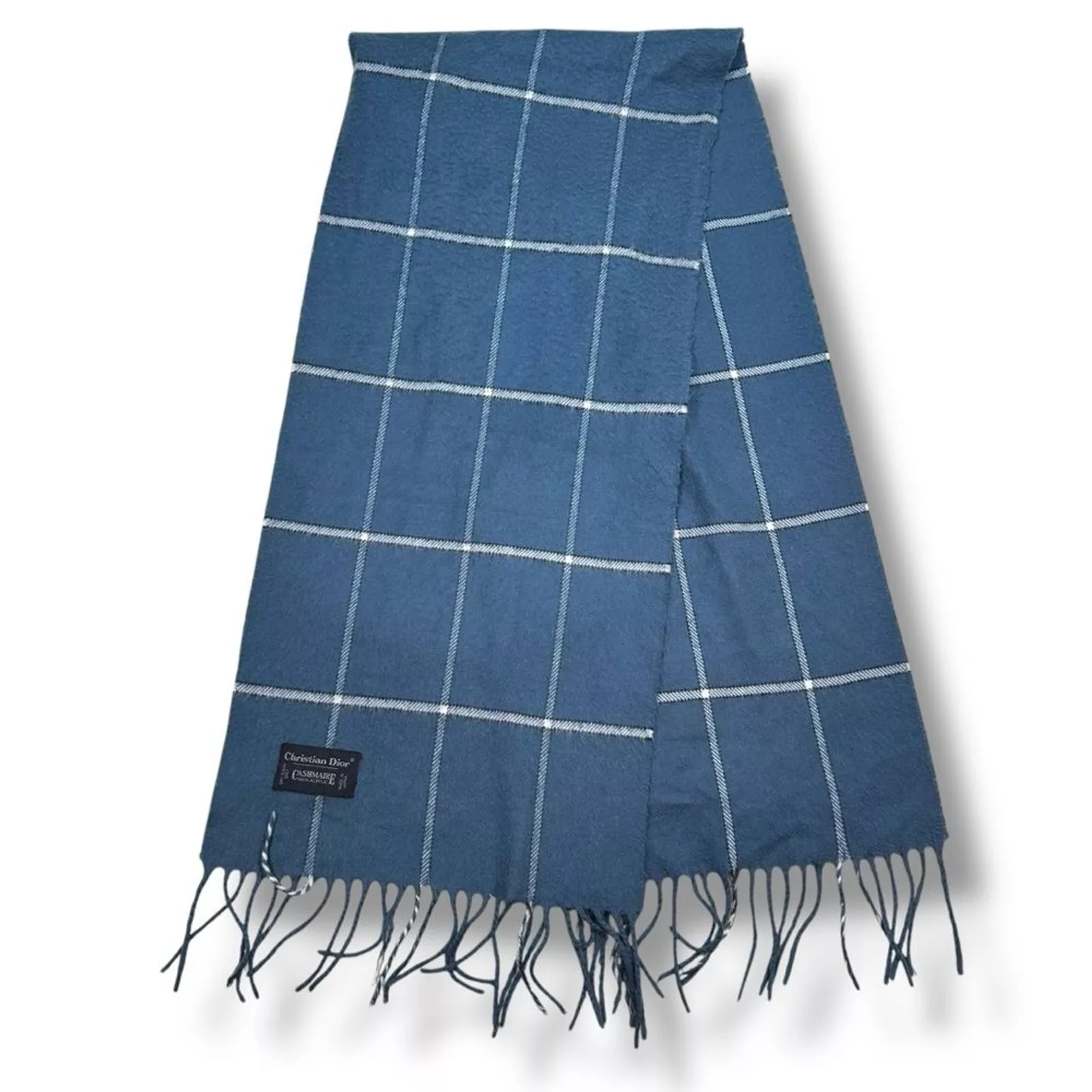 Foulard ancien Christian Dior cashmaire bleu vitre à carreaux