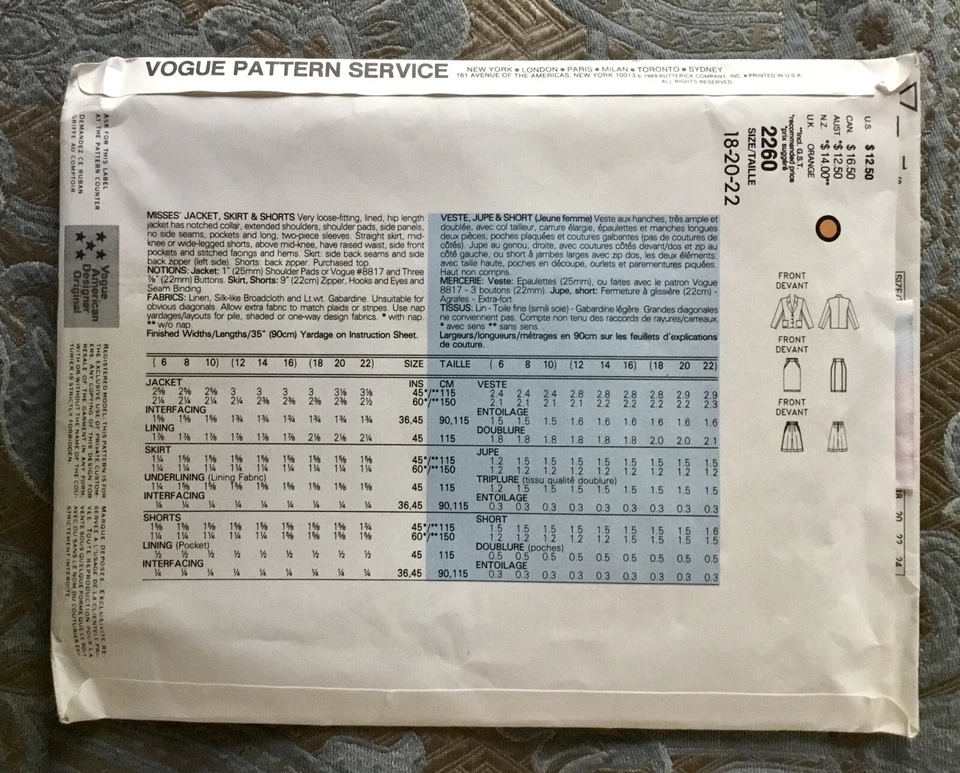 Vogue Designer Calvin Klein 2260 Pattern - Jacket Skirt Shorts Sz 18-20-22 UNCUT - Image 2 of 3