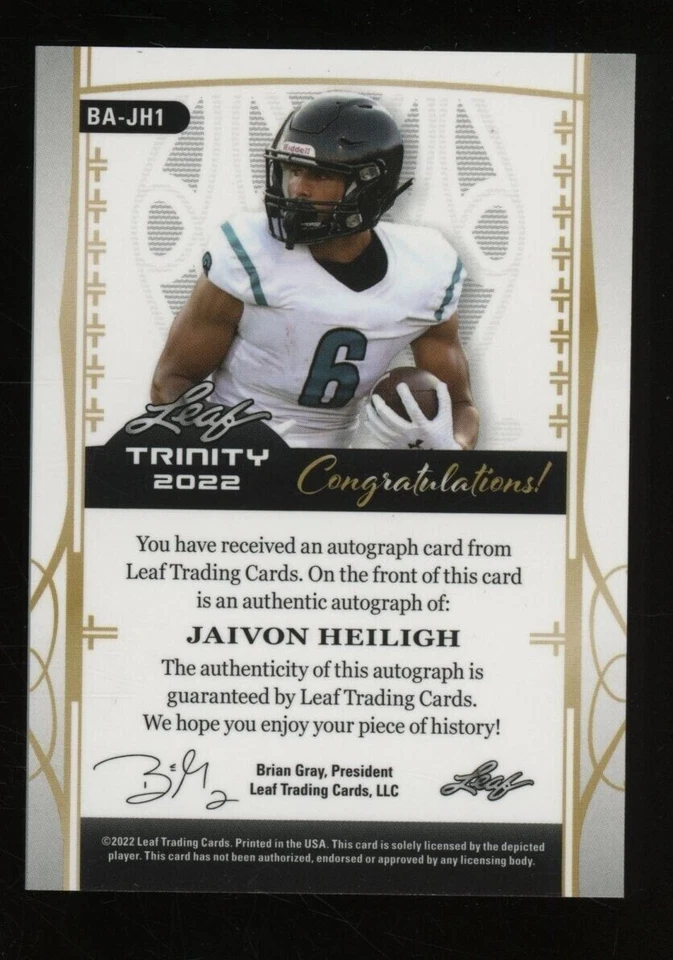 MINT 2022 Leaf Trinity Gold Jaivon Heiligh RC Rookie AUTO 74/75 & bonus cards - Image 2 of 2