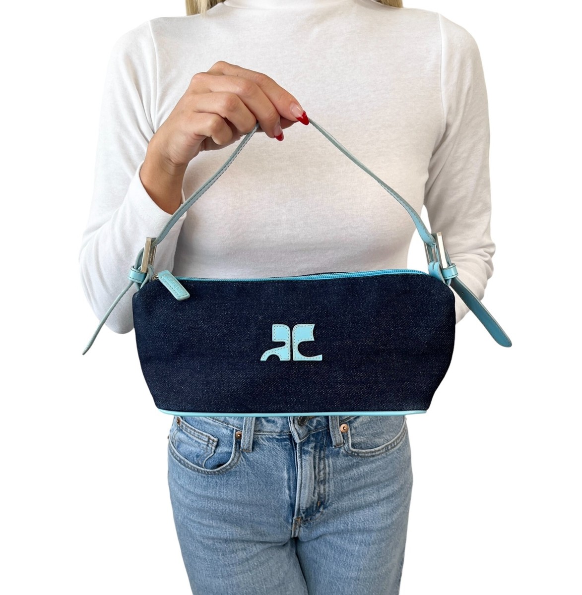 Courreges★チェーン ロゴ プレート ショルダー バッグ Courreges Vintage Logo Shoulder Bag Denim Blue Silver Zip