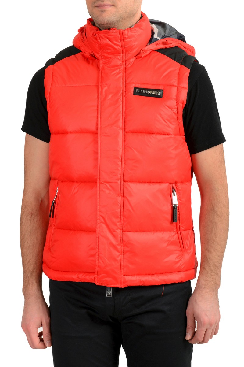 Plein Sport Men's Bright Red Hooded Logo Print Zip Up Sleeveless