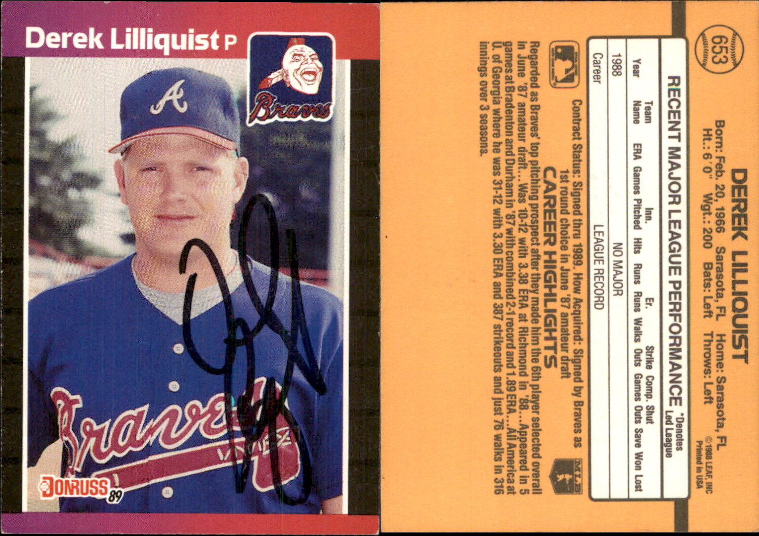 Derek Lilliquist Signed 1989 Donruss #653 Card Atlanta Braves Auto AU