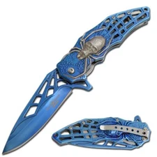 8.25" DARK FANTASY BLADES HEAVY DUTY SKULL SPRING ASSIST FOLDING KNIFE BLUE