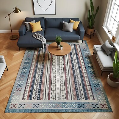 Blue Vintage Rug, Retro Multicolor Chenille Carpet, Washable Long Runner Rug