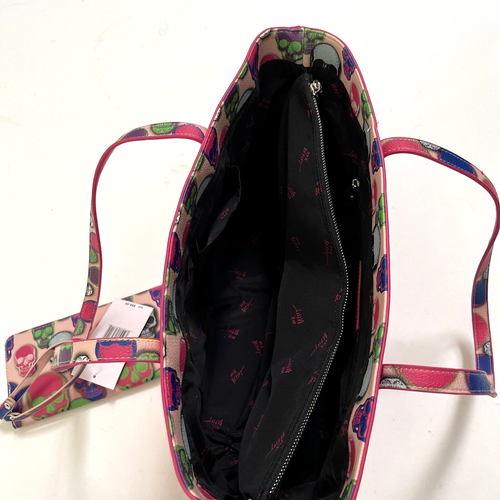 NWT Original BETSEY JOHNSON XO Skull Tote Bag Pink Pouch Skulls PU Jolly Roger - Picture 9 of 10
