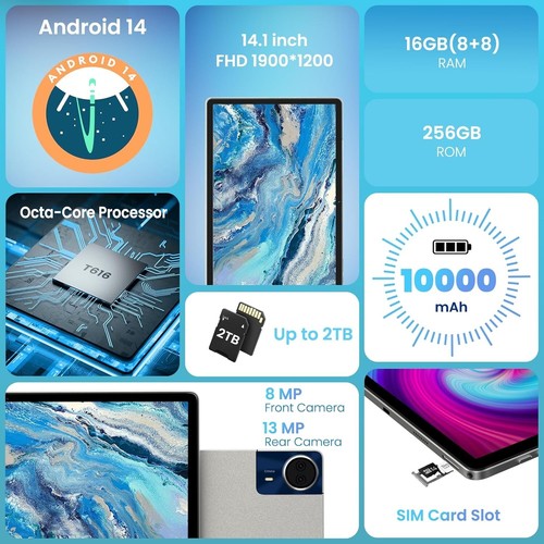 14 inch Large Screen Android Tablet,16GB RAM 256GB ROM,1920x1200 IPS FHD Display - Picture 4 of 7