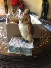 New Dresden Paper Horned Owl on Book Candy Container Christmas Ornament Glass Ey