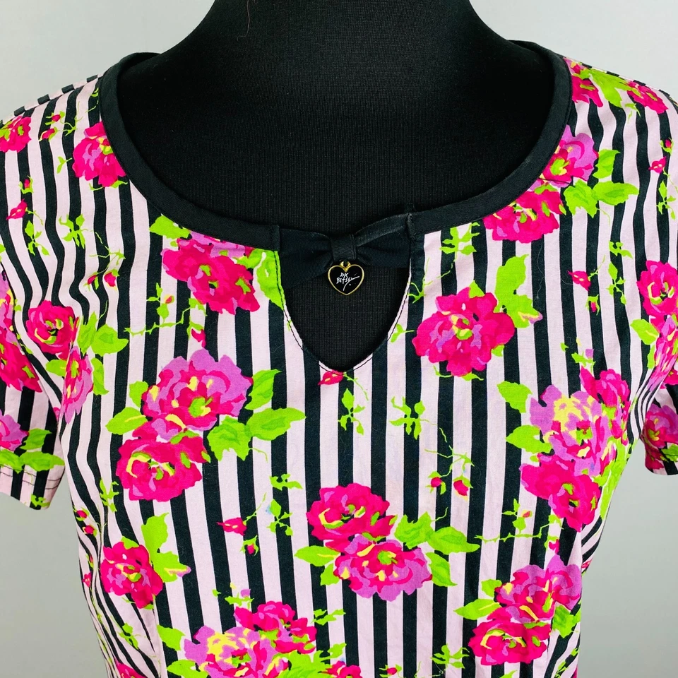 Betsey Johnson женская маленькая S хлопковая смесь причудливая полоса цветочный скраб униформа - Изображение 3 из 4
