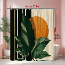 Modern Tropical Shower Curtain with Green Leaves and Orange Sun