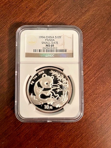 1994 Small Date Graded NGC MS69  China silver panda coin, 10y, 1oz