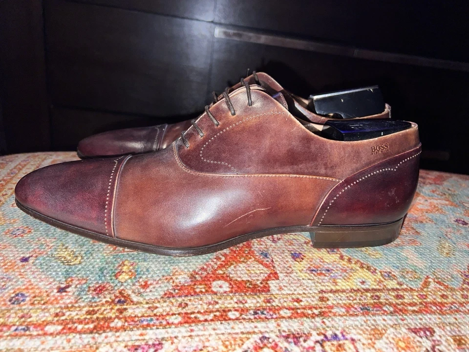 Мужские оксфорды Hugo Boss 9,5 D с закрытым носком коричневые кожаные туфли Испания сделано в Италии - Изображение 3 из 4